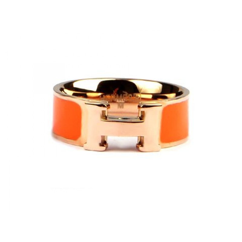 Shop For Hermes Enamel Clic H Ring In 18kt Pink Gold With Orange